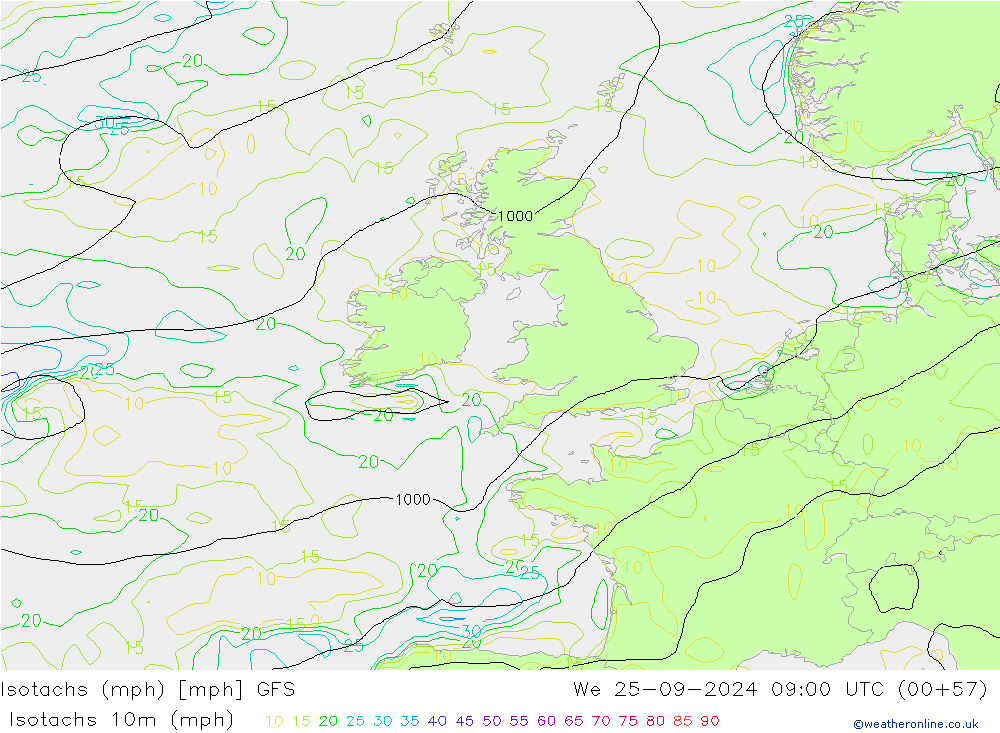 Isotachs (mph) GFS We 25.09.2024 09 UTC