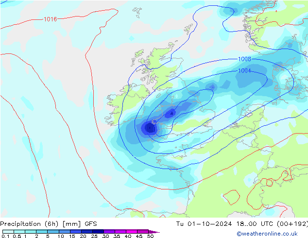 Totale neerslag (6h) GFS di 01.10.2024 00 UTC