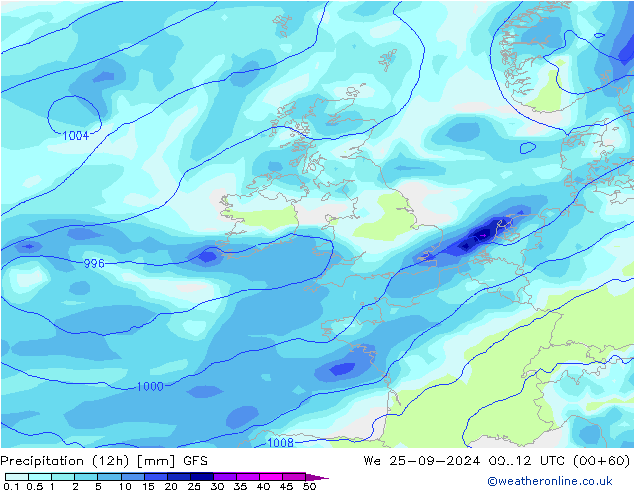 Precipitation (12h) GFS We 25.09.2024 12 UTC