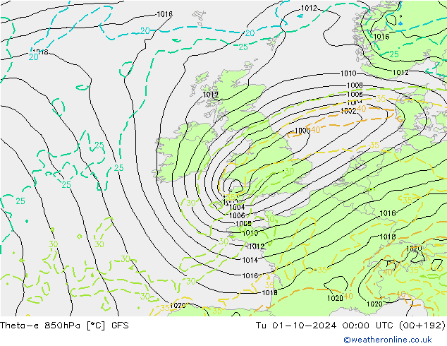 Theta-e 850hPa GFS di 01.10.2024 00 UTC