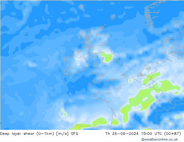 Deep layer shear (0-1km) GFS  26.09.2024 15 UTC