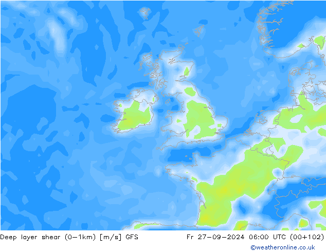 Deep layer shear (0-1km) GFS Fr 27.09.2024 06 UTC