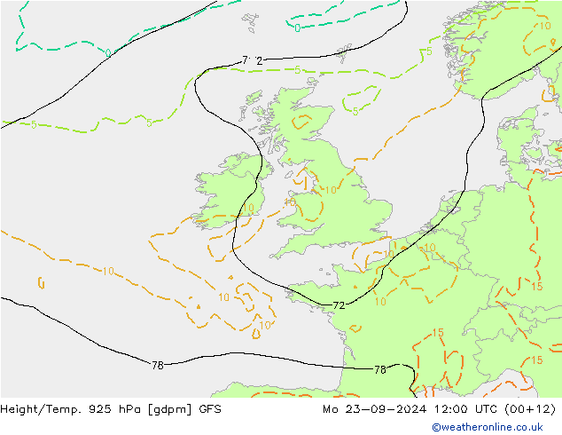 Height/Temp. 925 hPa GFS Mo 23.09.2024 12 UTC