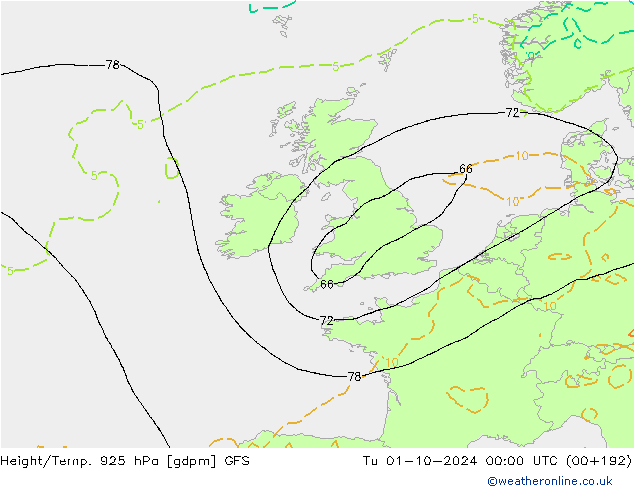 Height/Temp. 925 hPa GFS Tu 01.10.2024 00 UTC