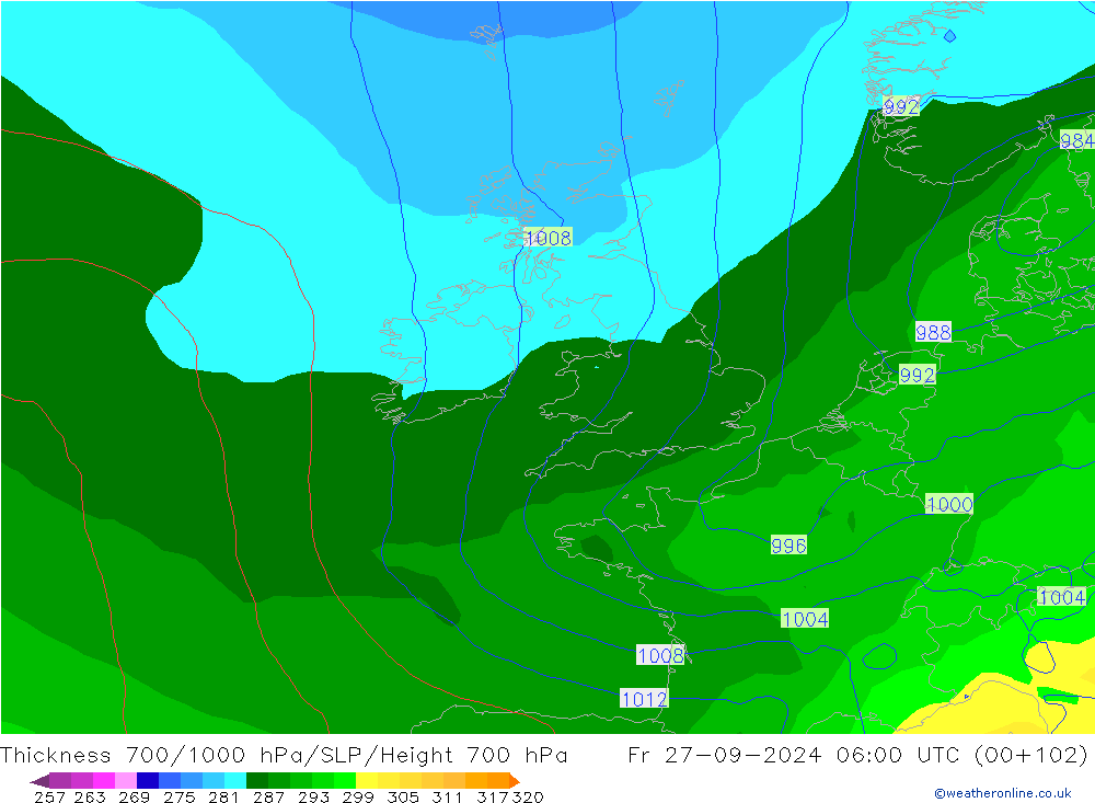 Thck 700-1000 hPa GFS ven 27.09.2024 06 UTC