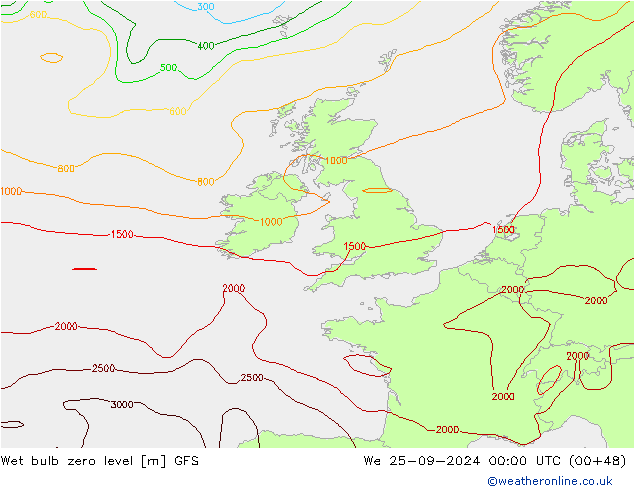 Wet bulb zero level GFS We 25.09.2024 00 UTC