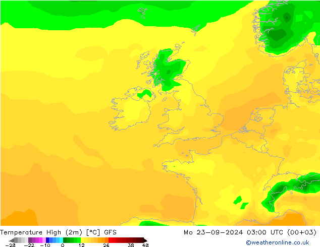 Nejvyšší teplota (2m) GFS Po 23.09.2024 03 UTC