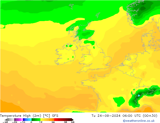 Темпер. макс 2т GFS вт 24.09.2024 06 UTC