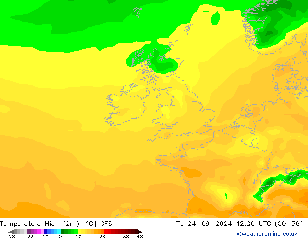 température 2m max GFS mar 24.09.2024 12 UTC