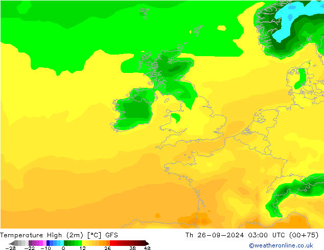 Temperature High (2m) GFS Th 26.09.2024 03 UTC