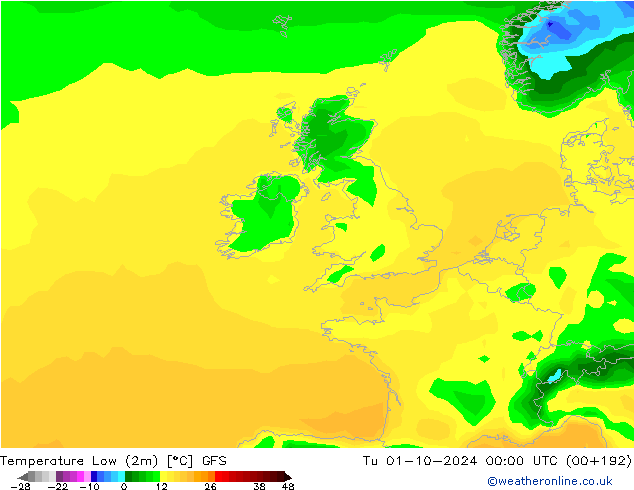 Temperature Low (2m) GFS Tu 01.10.2024 00 UTC