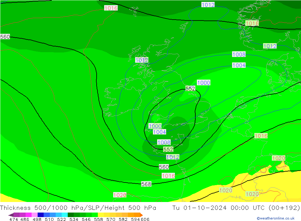 Dikte 500-1000hPa GFS di 01.10.2024 00 UTC