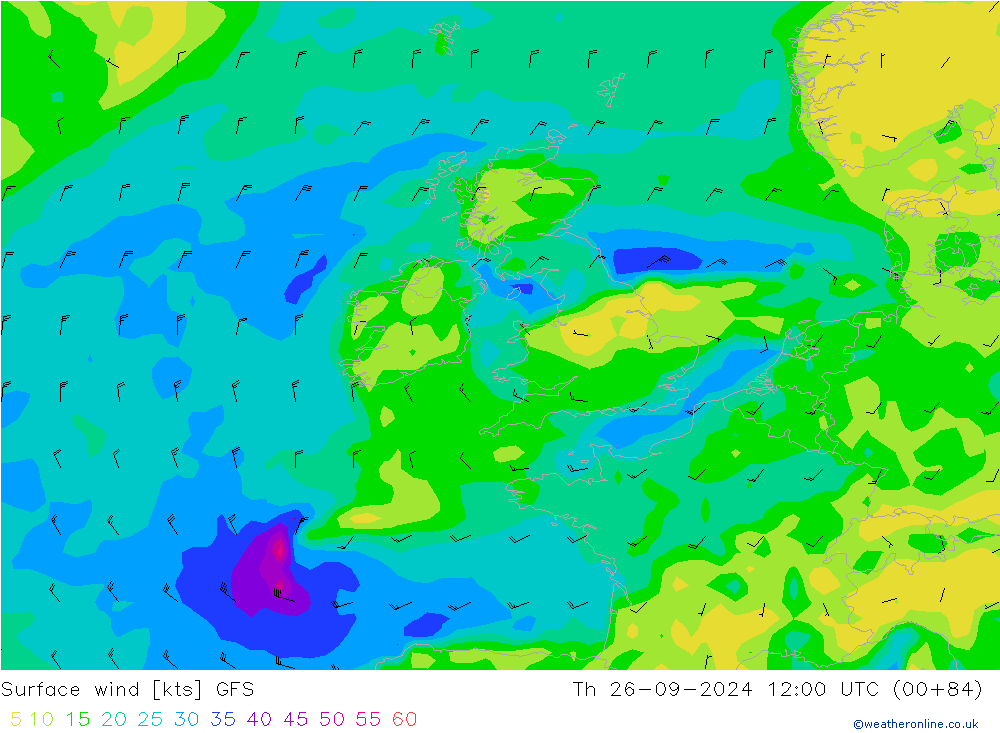 ветер 10 m GFS чт 26.09.2024 12 UTC