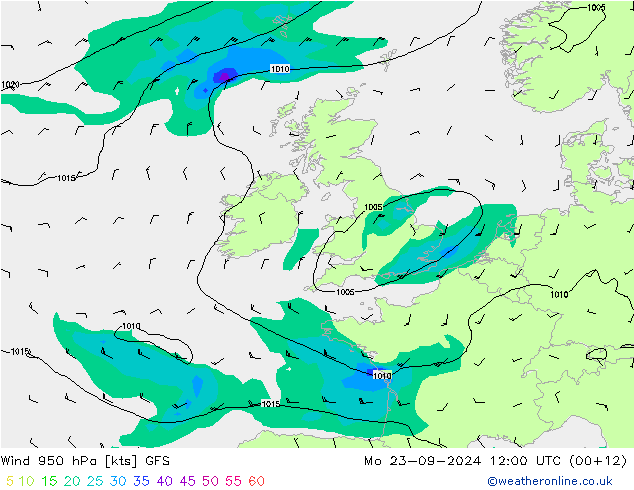 Wind 950 hPa GFS Mo 23.09.2024 12 UTC