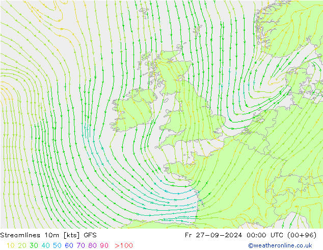 Streamlines 10m GFS Pá 27.09.2024 00 UTC