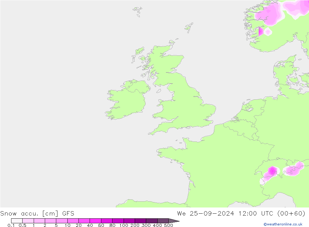 Глубина снега GFS ср 25.09.2024 12 UTC