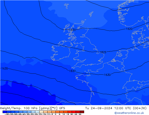 Height/Temp. 100 hPa GFS wto. 24.09.2024 12 UTC