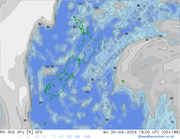 RH 300 hPa GFS pon. 30.09.2024 18 UTC