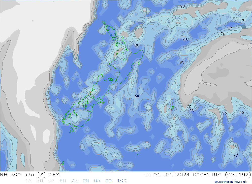 RH 300 hPa GFS Út 01.10.2024 00 UTC