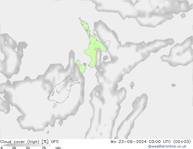 zachmurzenie (wysokie) GFS pon. 23.09.2024 03 UTC