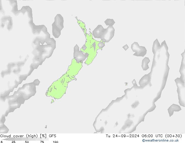 Cloud cover (high) GFS Tu 24.09.2024 06 UTC