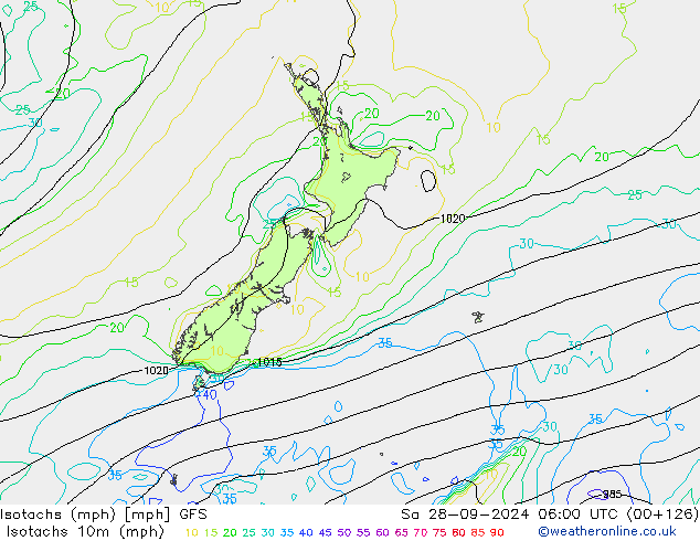 Isotachs (mph) GFS сб 28.09.2024 06 UTC