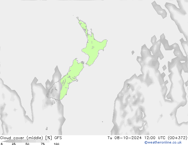 Cloud cover (middle) GFS Tu 08.10.2024 12 UTC