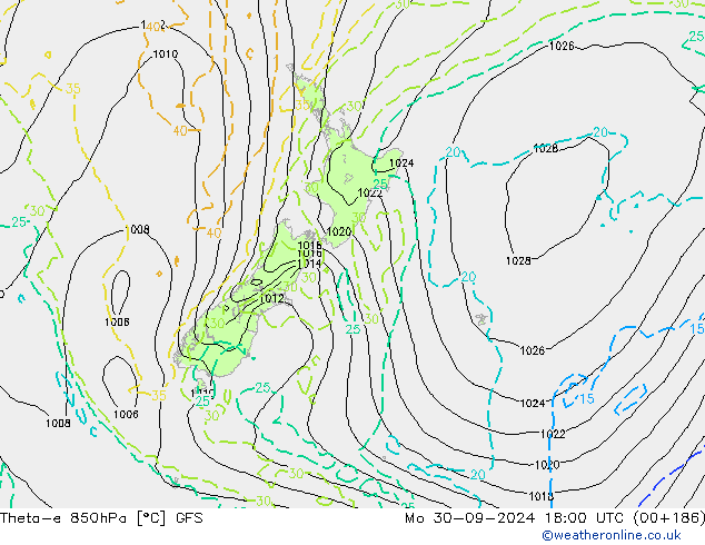 Theta-e 850hPa GFS pon. 30.09.2024 18 UTC