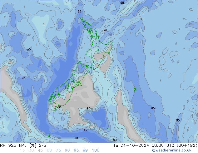 RH 925 hPa GFS Tu 01.10.2024 00 UTC