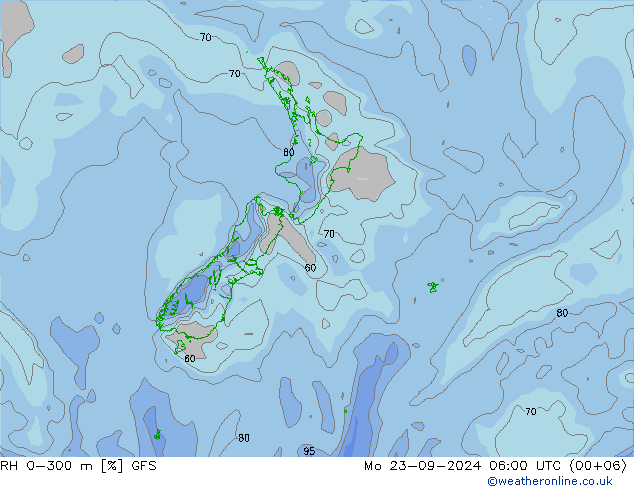 RH 0-300 m GFS pon. 23.09.2024 06 UTC