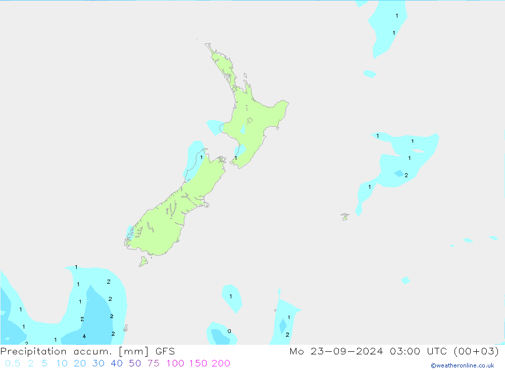 Precipitation accum. GFS Mo 23.09.2024 03 UTC