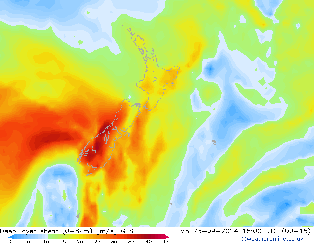 Deep layer shear (0-6km) GFS Mo 23.09.2024 15 UTC