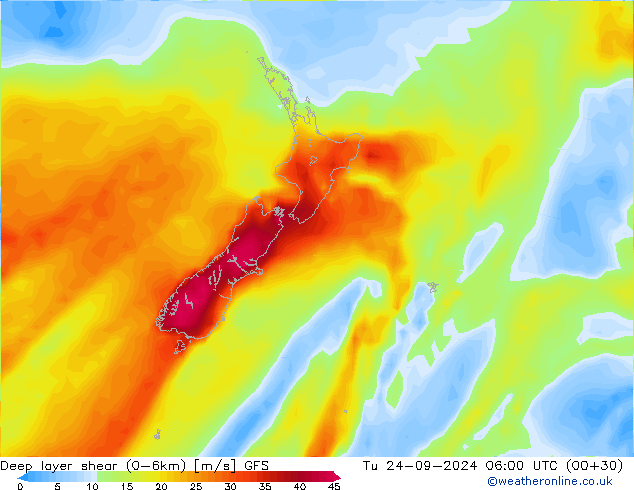 Deep layer shear (0-6km) GFS Tu 24.09.2024 06 UTC