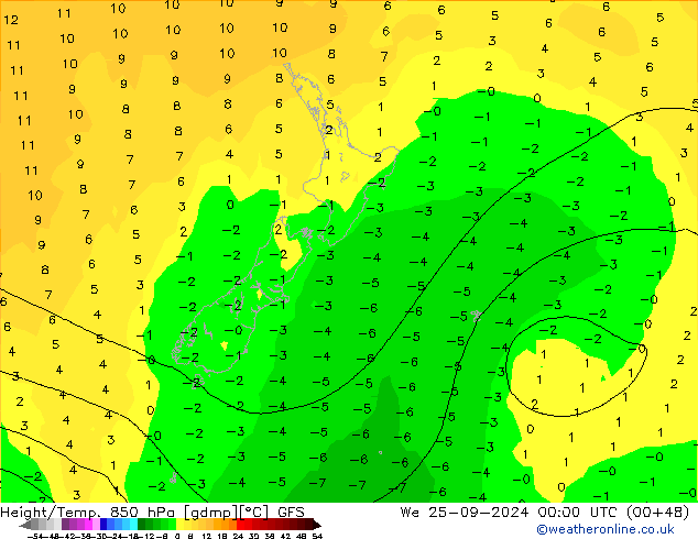 Hoogte/Temp. 850 hPa GFS wo 25.09.2024 00 UTC