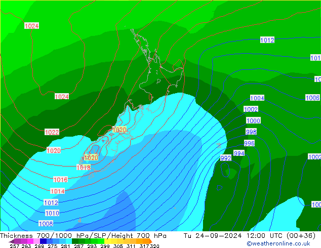 Thck 700-1000 гПа GFS вт 24.09.2024 12 UTC