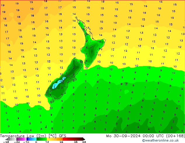 temperatura mín. (2m) GFS Seg 30.09.2024 00 UTC