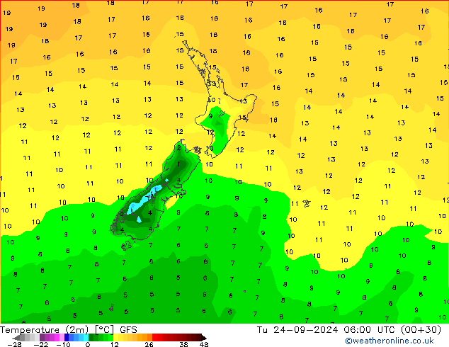 Temperature (2m) GFS Tu 24.09.2024 06 UTC