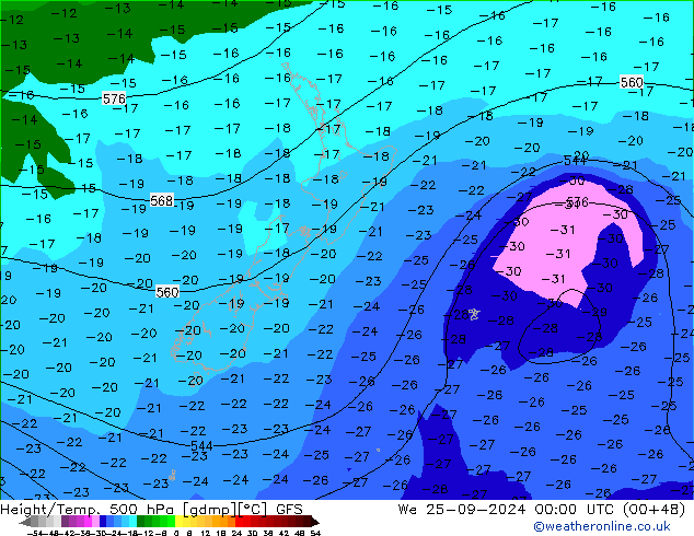 Hoogte/Temp. 500 hPa GFS wo 25.09.2024 00 UTC