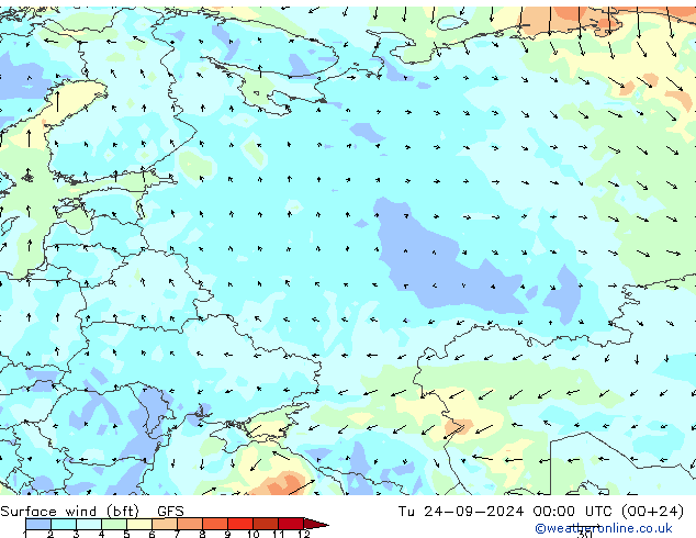 Surface wind (bft) GFS Tu 24.09.2024 00 UTC