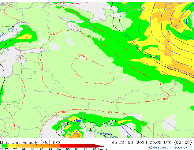 Max. wind velocity GFS lun 23.09.2024 09 UTC