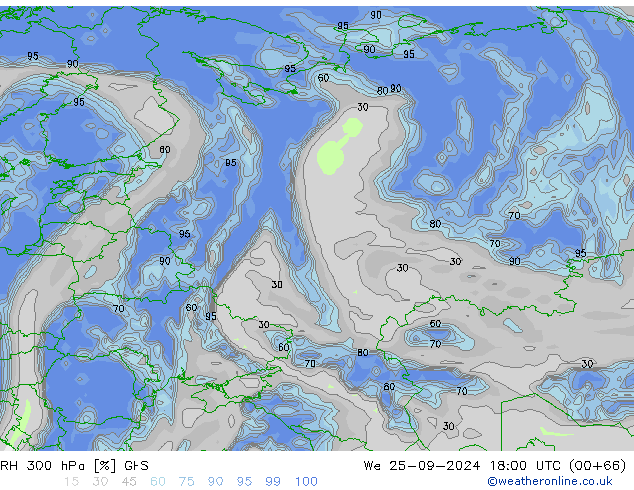 RH 300 hPa GFS Qua 25.09.2024 18 UTC