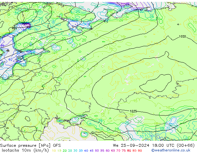 Isotachs (kph) GFS Qua 25.09.2024 18 UTC