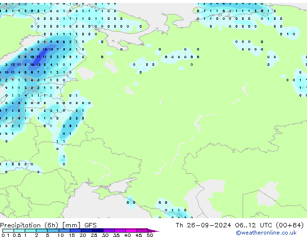 Precipitazione (6h) GFS gio 26.09.2024 12 UTC