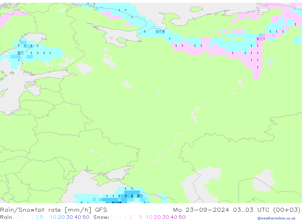 Rain/Snowfall rate GFS Mo 23.09.2024 03 UTC