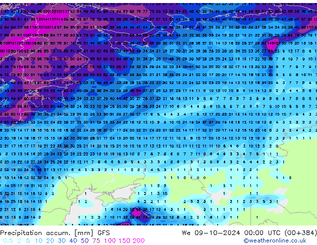 Precipitation accum. GFS mer 09.10.2024 00 UTC