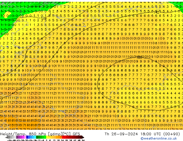 Z500/Rain (+SLP)/Z850 GFS Čt 26.09.2024 18 UTC