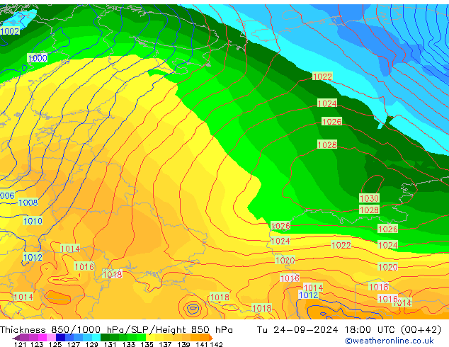 Schichtdicke 850-1000 hPa GFS Di 24.09.2024 18 UTC