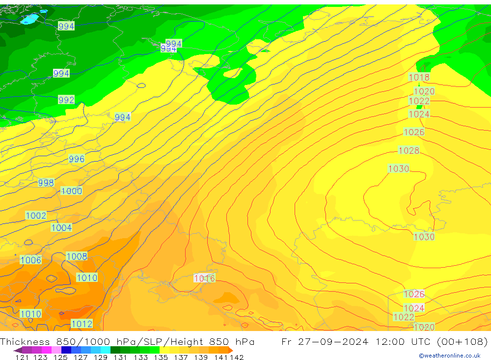 Thck 850-1000 hPa GFS Fr 27.09.2024 12 UTC