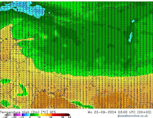 Temperature High (2m) GFS Mo 23.09.2024 03 UTC