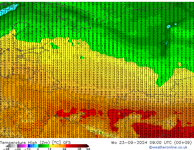 température 2m max GFS lun 23.09.2024 09 UTC